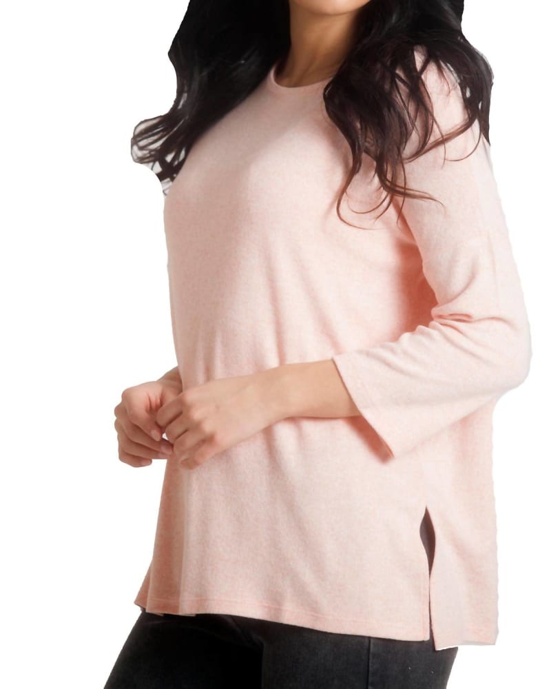 Front of a model wearing a size LG Lillie Kashmira 3/4 Sleeve Tunic in Peach in Peach by french kyss. | dia_product_style_image_id:327596